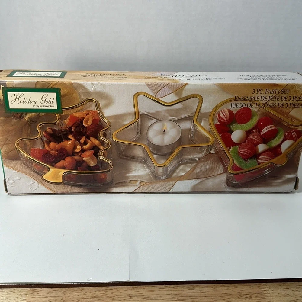 Indiana Glass Holiday Gold‎ 3 Pc Party Set Vintage Christmas Tree Star Heart USA